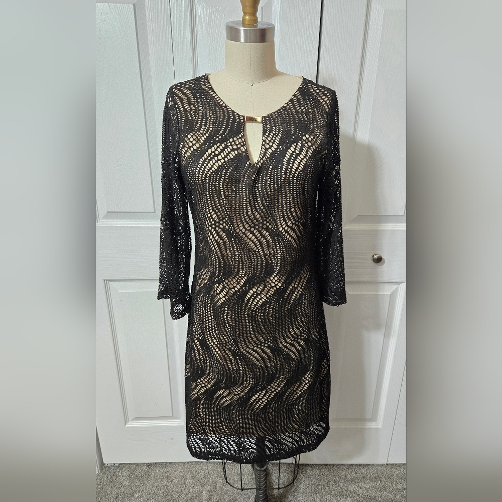 HAANI Black Long Sleeve Crochet Lace Dress, Size Medium, Fully Lined, EUC